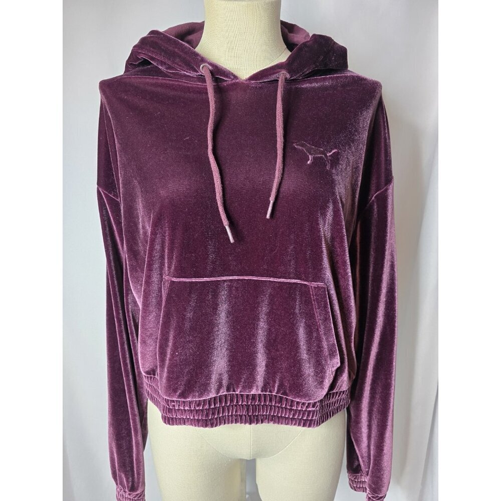 PINK Victoria Secret Women's Burgundy Purple Velvet Cropped Hoodie Size MEDIUM